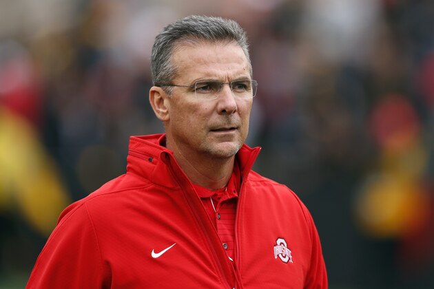 Ohio State head coach Urban Meyer stands on the field before an NCAA college football game against Iowa, Saturday, Nov. 4, 2017, in Iowa City, Iowa. (AP Photo/Charlie Neibergall)