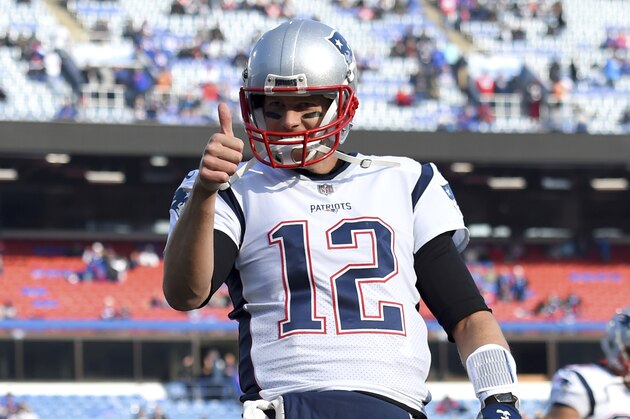 New England Patriots quarterback Tom Brady (12) gestures prior to an NFL football game against the Buffalo Bills, Sunday, Dec. 3, 2017, in Orchard Park, N.Y. (AP Photo/Rich Barnes)