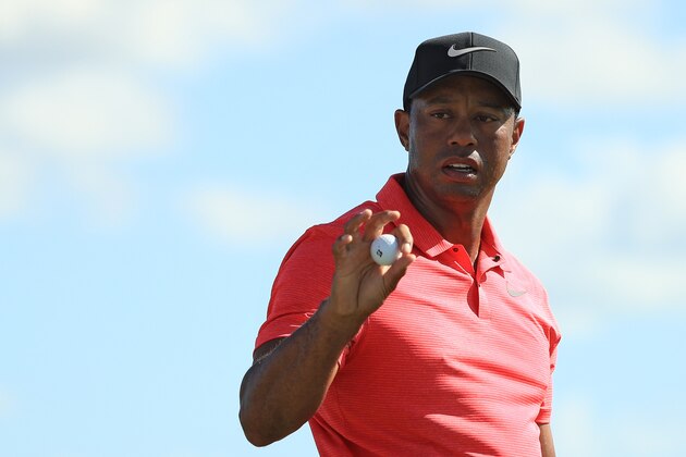 NASSAU, BAHAMAS - DECEMBER 03:  Tiger Woods of the United States warms up on the range for the final round of the Hero World Challenge at Albany, Bahamas on December 3, 2017 in Nassau, Bahamas.  (Photo by Mike Ehrmann/Getty Images)