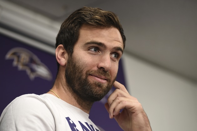 Baltimore Ravens quarterback Joe Flacco speaks at a news conference after an NFL football game against the Detroit Lions, Sunday, Dec. 3, 2017, in Baltimore. (AP Photo/Gail Burton)
