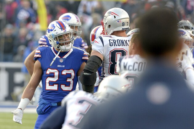 Buffalo Bills strong safety Micah Hyde (23) argues with New England Patriots tight end Rob Gronkowski (87) during the second half of an NFL football game, Sunday, Dec. 3, 2017, in Orchard Park, N.Y. (AP Photo/Adrian Kraus)