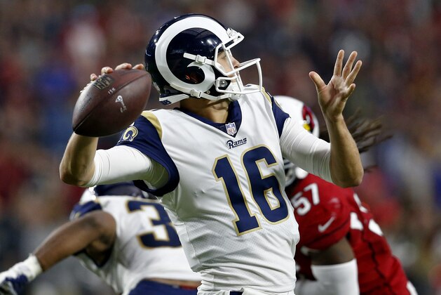 Los Angeles Rams quarterback Jared Goff (16) throws against the Arizona Cardinals during the first half of an NFL football game, Sunday, Dec. 3, 2017, in Glendale, Ariz. (AP Photo/Ross D. Franklin)