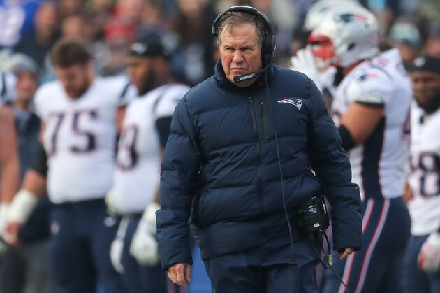 ORCHARD PARK, NY - DECEMBER 3:  Head Coach Bill Belichick of the New England Patriots walks the sideline during a game against the Buffalo Bills on December 3, 2017 at New Era Field in Orchard Park, New York.  (Photo by Tom Szczerbowski/Getty Images)