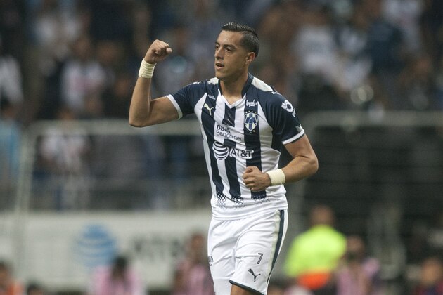 Monterreys Rogelio Funes Mori celebrates after scoring against Morelia during their semifinal Mexican Apertura 2017 tournament football match at the BBVA Bancomer stadium in Monterrey, Mexico on December 3, 2017.  / AFP PHOTO / Julio Cesar AGUILAR        (Photo credit should read JULIO CESAR AGUILAR/AFP/Getty Images)