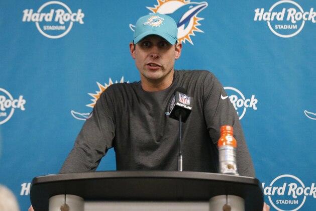 Miami Dolphins head coach Adam Gase speaks during a post game news conference following an NFL football game against the Denver Broncos, Sunday, Dec. 3, 2017, in Miami Gardens, Fla. The Dolphins defeated the Broncos 35-9. (AP Photo/Wilfredo Lee)