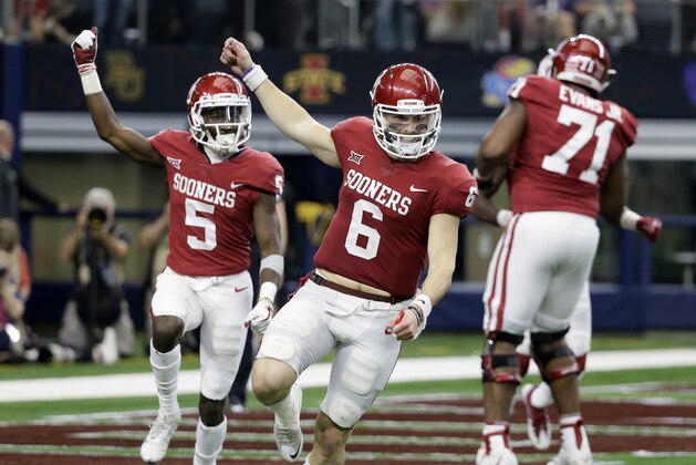Oklahoma quarterback Baker Mayfield (6) and wide receiver Marquise Brown (5) celebrate hooking up for a long pass and touchdown score in the second half of the Big 12 Conference championship NCAA college football game against TCU on Saturday, Dec. 2, 2017, in Arlington, Texas. (AP Photo/Tony Gutierrez)