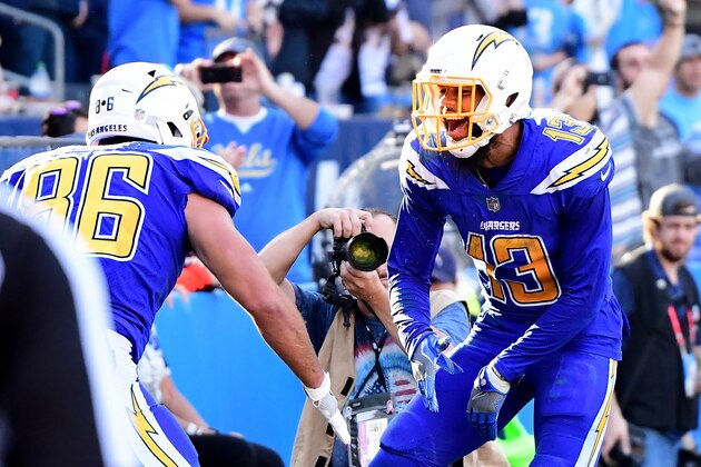CARSON, CA - DECEMBER 03:  Keenan Allen #13 of the Los Angeles Chargers celebrates a touchdown for a 16-7 lead during the third quarter of the game against the Cleveland Browns at StubHub Center on December 3, 2017 in Carson, California.  (Photo by Harry How/Getty Images)