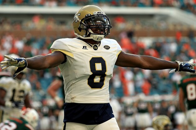 MIAMI GARDENS, FL - OCTOBER 14: Step Durham #8 of the Georgia Tech Yellow Jackets reacts to a play during a game against the Miami Hurricanes at Sun Life Stadium on October 14, 2017 in Miami Gardens, Florida.  (Photo by Mike Ehrmann/Getty Images)