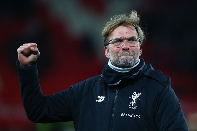Liverpool's German manager Jurgen Klopp reacts at the end of the English Premier League football match between Stoke City and Liverpool at the Bet365 Stadium in Stoke-on-Trent, central England on November 29, 2017. / AFP PHOTO / Geoff CADDICK / RESTRICTED TO EDITORIAL USE. No use with unauthorized audio, video, data, fixture lists, club/league logos or 'live' services. Online in-match use limited to 75 images, no video emulation. No use in betting, games or single club/league/player publications.  /         (Photo credit should read GEOFF CADDICK/AFP/Getty Images)