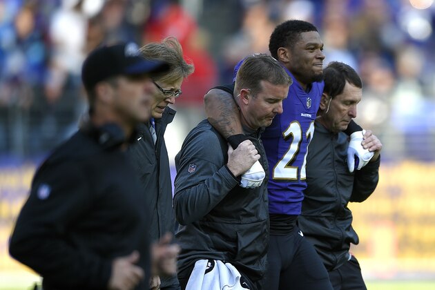 Baltimore Ravens cornerback Jimmy Smith is assisted off the field in the first half of an NFL football game against the Detroit Lions, Sunday, Dec. 3, 2017, in Baltimore. (AP Photo/Nick Wass)
