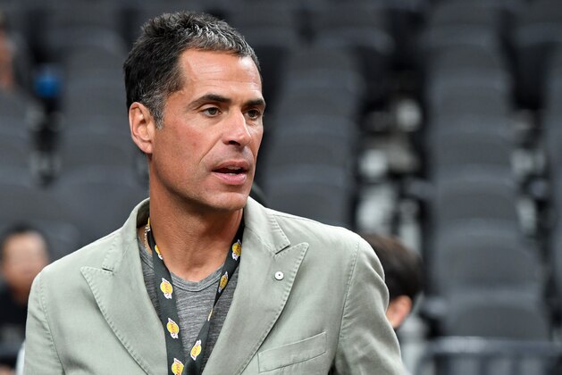 LAS VEGAS, NV - OCTOBER 08:  Los Angeles Lakers general manager Rob Pelinka looks on before the team's preseason game against the Sacramento Kings at T-Mobile Arena on October 8, 2017 in Las Vegas, Nevada. Los Angeles won 75-69. NOTE TO USER: User expressly acknowledges and agrees that, by downloading and or using this photograph, User is consenting to the terms and conditions of the Getty Images License Agreement.  (Photo by Ethan Miller/Getty Images)