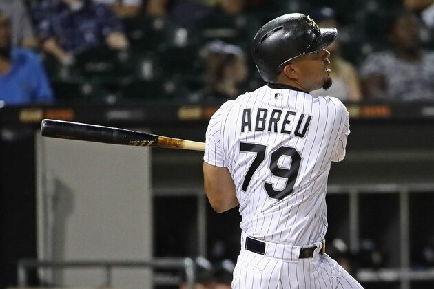 CHICAGO, IL - SEPTEMBER 26:  Jose Abreu #79 of the Chicago White Sox hits his 33rd home run of the season, a solo shot in the 6th inning, against the Los Angeles Angels at Guaranteed Rate Field on September 26, 2017 in Chicago, Illinois. (Photo by Jonathan Daniel/Getty Images)