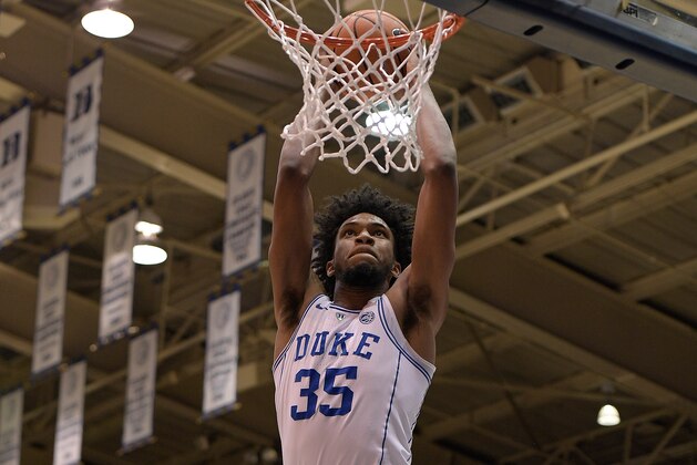 DURHAM, NC - DECEMBER 02: Marvin Bagley III #35 of the Duke Blue Devils goes up for a dunk against the South Dakota Coyotes at Cameron Indoor Stadium on December 2, 2017 in Durham, North Carolina. Duke won 96-80. (Photo by Lance King/Getty Images)