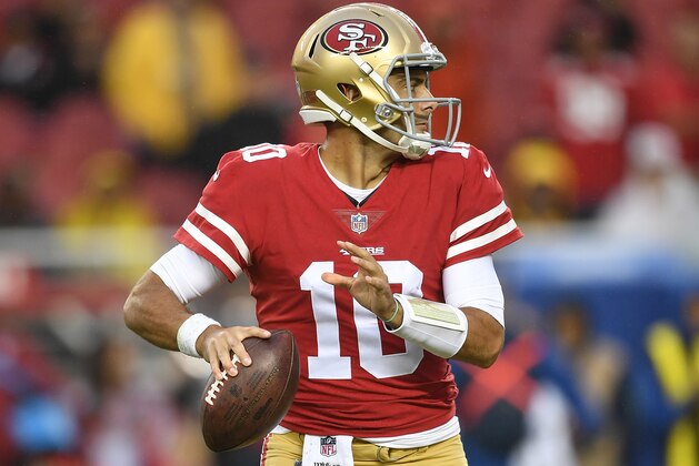 SANTA CLARA, CA - NOVEMBER 26:  Jimmy Garoppolo #10 of the San Francisco 49ers drops back to pass against the Seattle Seahawks late in their NFL football game at Levi's Stadium on November 26, 2017 in Santa Clara, California. The Seahawks won the game 24-13.  (Photo by Thearon W. Henderson/Getty Images)