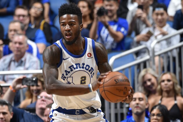 ORLANDO, FL - DECEMBER 1: Jordan Bell #2 of the Golden State Warriors handles the ball against the Orlando Magic on December 1, 2017 at Amway Center in Orlando, Florida. NOTE TO USER: User expressly acknowledges and agrees that, by downloading and or using this photograph, User is consenting to the terms and conditions of the Getty Images License Agreement. Mandatory Copyright Notice: Copyright 2017 NBAE (Photo by Fernando Medina/NBAE via Getty Images)