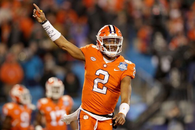 CHARLOTTE, NC - DECEMBER 02:  Kelly Bryant #2 of the Clemson Tigers reacts after a touchdown against the Miami Hurricanes in the third quarter during the ACC Football Championship at Bank of America Stadium on December 2, 2017 in Charlotte, North Carolina.  (Photo by Streeter Lecka/Getty Images)
