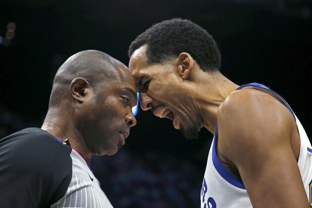 Golden State Warriors guard Shaun Livingston (34) argues a call with referee Courtney Kirkland before he was called for a technical foul and was ejected, during an NBA basketball game against the Miami Heat, Sunday, Dec. 3, 2017, in Miami. (AP Photo/Joe Skipper)