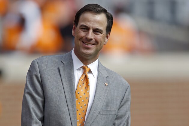 Tennessee athletic director, John Currie, is seen before an NCAA college football game Saturday, Oct. 14, 2017, in Knoxville, Tenn. (AP Photo/Wade Payne)