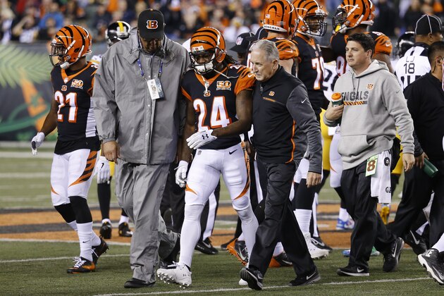 Cincinnati Bengals cornerback Adam Jones (24) is helped off the field after an apparent injury in the first half of an NFL football game against the Pittsburgh Steelers, Monday, Dec. 4, 2017, in Cincinnati. (AP Photo/Frank Victores)
