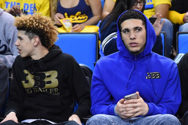 LOS ANGELES, CA - MARCH 01:  (L-R) LaMelo and LiAngelo Ball attend the game between the UCLA Bruins and the Washington Huskies at Pauley Pavilion on March 1, 2017 in Los Angeles, California.  (Photo by Jayne Kamin-Oncea/Getty Images)