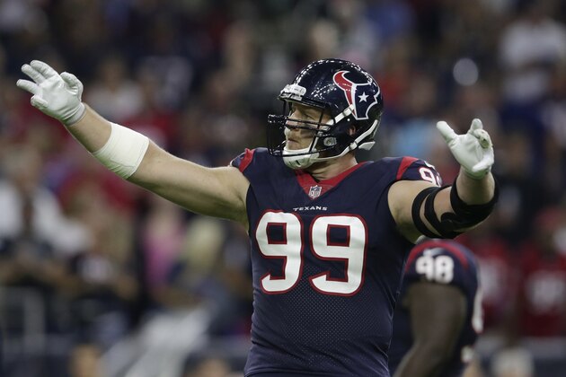 HOUSTON, TX - OCTOBER 08: J.J. Watt #99 of the Houston Texans gets the crowd to make noise in the first quarter against the Kansas City Chiefs at NRG Stadium on October 8, 2017 in Houston, Texas. (Photo by Tim Warner/Getty Images)