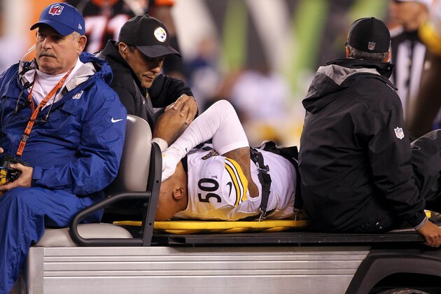 CINCINNATI, OH - DECEMBER 04:  Ryan Shazier #50 of the Pittsburgh Steelers reacts as he is carted off the field after a injury against the Cincinnati Bengals during the first half at Paul Brown Stadium on December 4, 2017 in Cincinnati, Ohio.  (Photo by John Grieshop/Getty Images)