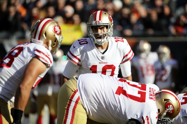 CHICAGO, IL - DECEMBER 03:  Quarterback  Jimmy Garoppolo #10 of the San Francisco 49ers calls out a play before the snap in the first quarter against the Chicago Bears at Soldier Field on December 3, 2017 in Chicago, Illinois.  (Photo by Jonathan Daniel/Getty Images)