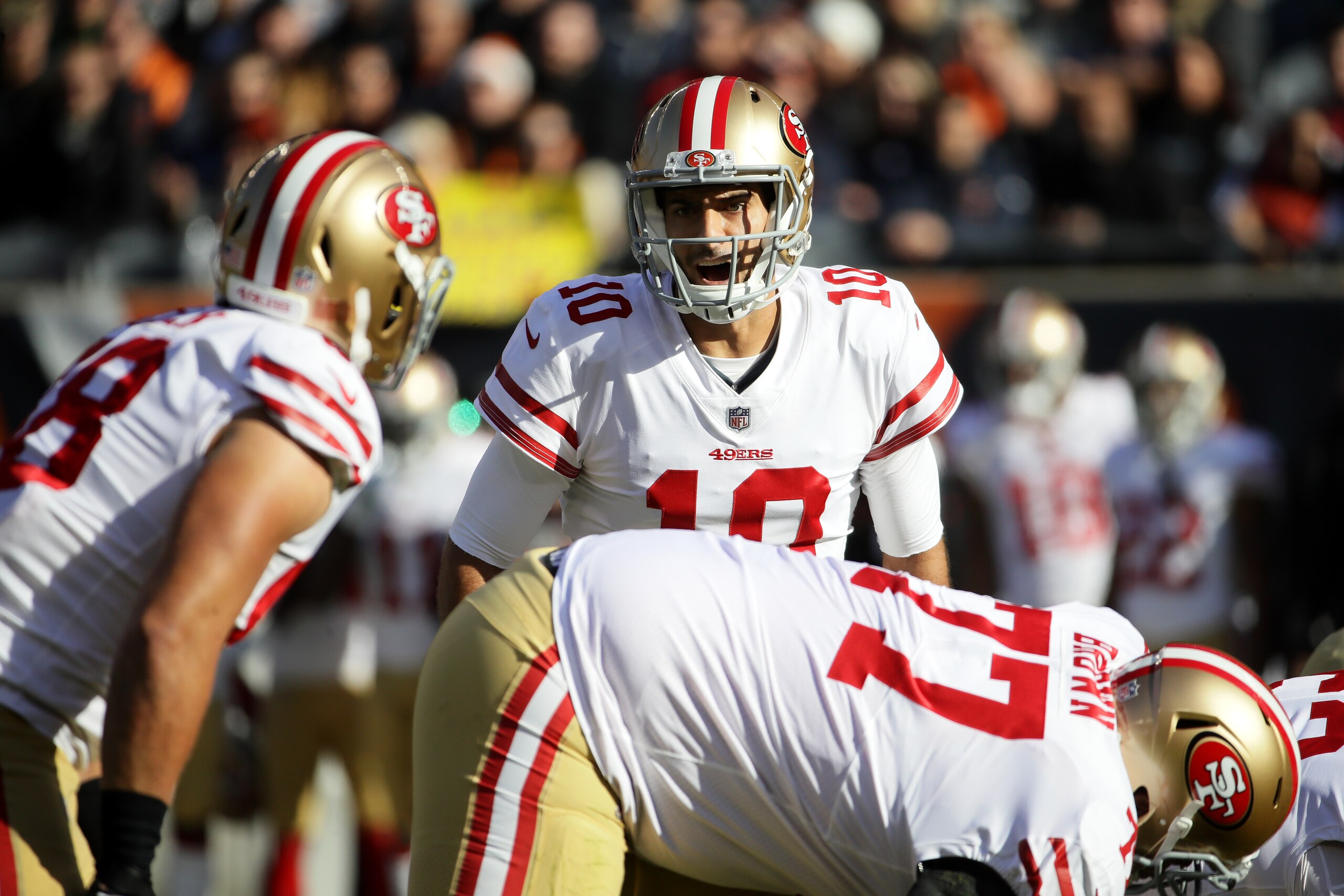 CHICAGO, IL - DECEMBER 03: Quarterback Jimmy Garoppolo #10 of the San Francisco 49ers calls out a play before the snap in the first quarter against the Chicago Bears at Soldier Field on December 3, 2017 in Chicago, Illinois. (Photo by Jonathan Daniel/Getty Images) CHICAGO, IL - DECEMBER 03: Quarterback Jimmy Garoppolo #10 of the San Francisco 49ers calls out a play before the snap in the first quarter against the Chicago Bears at Soldier Field on December 3, 2017 in Chicago, Illinois. (Photo by Jonathan Daniel/Getty Images)