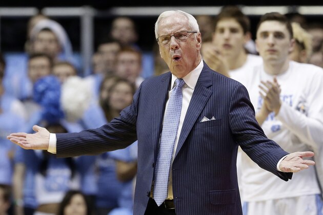North Carolina head coach Roy Williams reacts during the second half of an NCAA college basketball game against Michigan in Chapel Hill, N.C., Wednesday, Nov. 29, 2017. North Carolina won 86-71. (AP Photo/Gerry Broome)