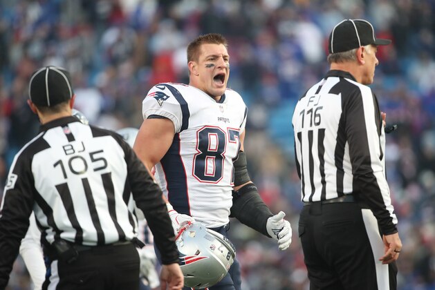 BUFFALO, NY - DECEMBER 3: Rob Gronkowski #87 of the New England Patriots argues with field judge Mike Weatherford #116 after receiving a penalty for his late hit on Tre'Davious White #27 of the Buffalo Bills during NFL game action at New Era Field on December 3, 2017 in Buffalo, New York. (Photo by Tom Szczerbowski/Getty Images)