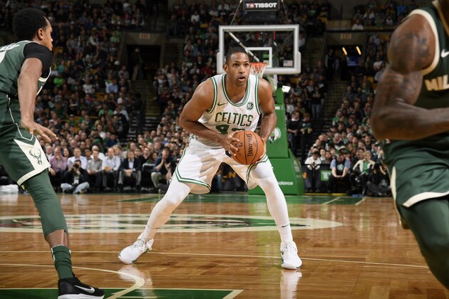BOSTON, MA - December 4:  Al Horford #42 of the Boston Celtics handles the ball against the Milwaukee Bucks on December 4, 2017 at the TD Garden in Boston, Massachusetts.  NOTE TO USER: User expressly acknowledges and agrees that, by downloading and or using this photograph, User is consenting to the terms and conditions of the Getty Images License Agreement. Mandatory Copyright Notice: Copyright 2017 NBAE  (Photo by Brian Babineau/NBAE via Getty Images)