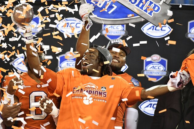 CHARLOTTE, NC - DECEMBER 02: Deon Cain #8 of the Clemson Tigers celebrates after their victory over the Miami Hurricanes in the ACC Football Championship at Bank of America Stadium on December 2, 2017 in Charlotte, North Carolina. (Photo by Mike Comer/Getty Images)