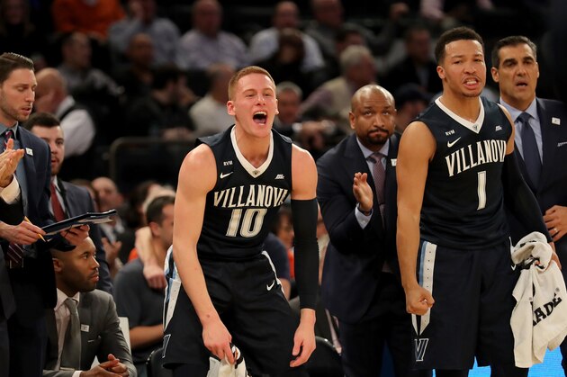 NEW YORK, NY - DECEMBER 05:  Donte DiVincenzo #10, Jalen Brunson #1 of the Villanova Wildcats and other members of the team bench react in the first half against the Gonzaga Bulldogs during their game at Madison Square Garden on December 5, 2017 in New York City.  (Photo by Abbie Parr/Getty Images)