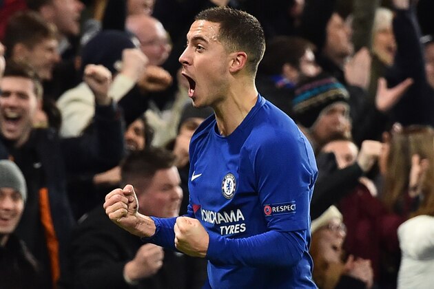 Chelsea's Belgian midfielder Eden Hazard celebrates an own goal by Atletico Madrid's Montenegrin defender Stefan Savic during a UEFA Champions League Group C football match between Chelsea and Atletico Madrid at Stamford Bridge in London on December 5, 2017. / AFP PHOTO / Glyn KIRK        (Photo credit should read GLYN KIRK/AFP/Getty Images)