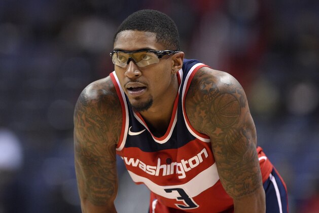Washington Wizards guard Bradley Beal pauses during the first half of the team's NBA basketball game against the Detroit Pistons, Friday, Dec. 1, 2017, in Washington. (AP Photo/Nick Wass)