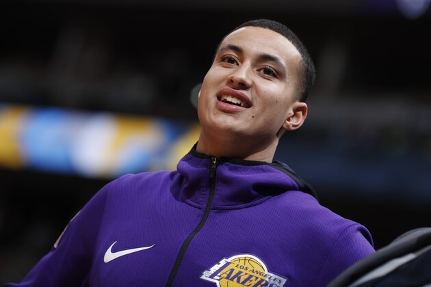 Los Angeles Lakers forward Kyle Kuzma (0) in the first half of an NBA basketball game Saturday, Dec. 2, 2017, in Denver. (AP Photo/David Zalubowski)