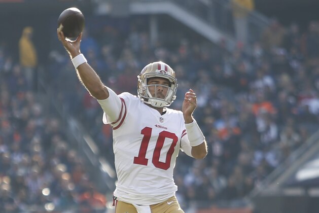 CHICAGO, IL - DECEMBER 3: Jimmy Garoppolo #10 of the San Francisco 49ers passes during the game against the Chicago Bears at Soldier Field on December 3, 2017 in Chicago, Illinois. The 49ers defeated the Bears 15-14. (Photo by Michael Zagaris/San Francisco 49ers/Getty Images)