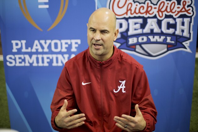 Alabama defensive coordinator Jeremy Pruitt attends media day for Saturday's Peach Bowl NCAA college football game against Washington in Atlanta, Thursday, Dec. 29, 2016. (AP Photo/David Goldman)