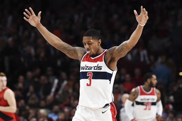 Washington Wizards guard Bradley Beal reacts after hitting a shot during the second half of the team's NBA basketball game against the Portland Trail Blazers in Portland, Ore., Tuesday, Dec. 5, 2017. Beal scored 51 points as the Wizards won 106-92 (AP Photo/Steve Dykes)