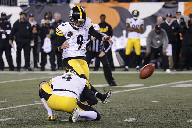 Pittsburgh Steelers kicker Chris Boswell (9) kicks the game-winning field goal alongside punter Jordan Berry (4) in the second half of an NFL football game against the Cincinnati Bengals, Monday, Dec. 4, 2017, in Cincinnati. The Steelers won 23-20. (AP Photo/Frank Victores)