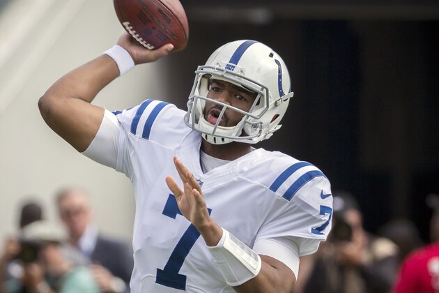 Indianapolis Colts quarterback Jacoby Brissett (7) pass the ball during the first half of an NFL football game against the Jacksonville Jaguars, Sunday, Dec. 3, 2017, in Jacksonville, Fla. (AP Photo/Stephen B. Morton)