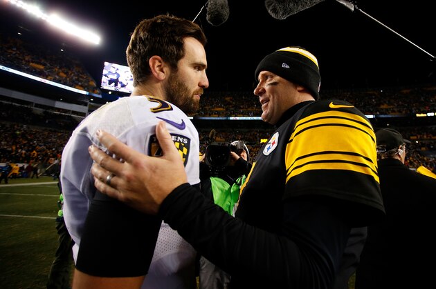 PITTSBURGH, PA - DECEMBER 25:  Ben Roethlisberger #7 of the Pittsburgh Steelers talks with Joe Flacco #5 of the Baltimore Ravens at the conclusion of the Pittsburgh Steelers 31-27 win over the Baltimore Ravens at Heinz Field on December 25, 2016 in Pittsburgh, Pennsylvania. (Photo by Justin K. Aller/Getty Images)