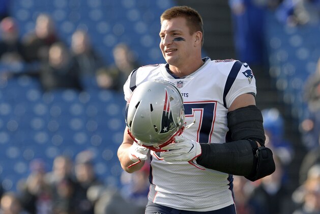 New England Patriots tight end Rob Gronkowski (87) seen on the field prior to an NFL football game against the Buffalo Bills, Sunday, Dec. 3, 2017, in Orchard Park, N.Y. (AP Photo/Adrian Kraus)