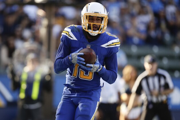 Los Angeles Chargers wide receiver Keenan Allen scores against the Cleveland Browns during the second half of an NFL football game Sunday, Dec. 3, 2017, in Carson, Calif. (AP Photo/Jae C. Hong)