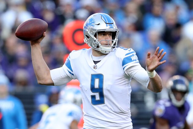 BALTIMORE, MD - DECEMBER 3: Quarterback Matthew Stafford #9 of the Detroit Lions throws the ball in the third quarter against the Baltimore Ravens at M&T Bank Stadium on December 3, 2017 in Baltimore, Maryland. (Photo by Patrick Smith/Getty Images)
