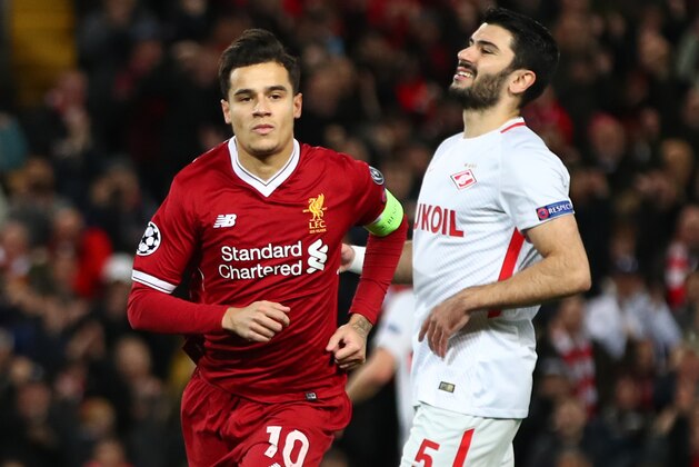 LIVERPOOL, ENGLAND - DECEMBER 06:  Philippe Coutinho of Liverpool celebrates after scoring his sides first goal during the UEFA Champions League group E match between Liverpool FC and Spartak Moskva at Anfield on December 6, 2017 in Liverpool, United Kingdom.  (Photo by Clive Brunskill/Getty Images)