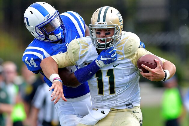 DURHAM, NC - SEPTEMBER 16:  Joe Giles-Harris #44 of the Duke Blue Devils sacks quarterback Zach Smith #11 of the Baylor Bears during the game at Wallace Wade Stadium on September 16, 2017 in Durham, North Carolina. Duke won 34-20.  (Photo by Grant Halverson/Getty Images)