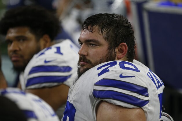Dallas Cowboys guard Zack Martin (70) looks on as the Cowboys play the Philadelphia Eagles during an NFL football game, Sunday, Nov. 19, 2017, in Arlington, Texas. (AP Photo/Ron Jenkins)