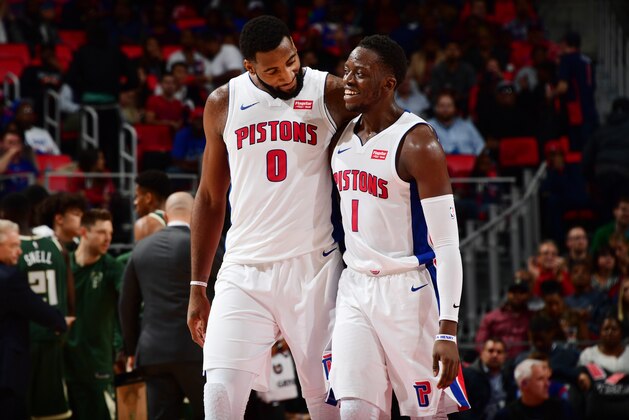 DETROIT, MI - NOVEMBER 3:  Andre Drummond #0 and Reggie Jackson #1 of the Detroit Pistons celebrate a win against the Milwaukee Bucks on November 3, 2017 at Little Caesars Arena in Detroit, Michigan. NOTE TO USER: User expressly acknowledges and agrees that, by downloading and/or using this photograph, User is consenting to the terms and conditions of the Getty Images License Agreement. Mandatory Copyright Notice: Copyright 2017 NBAE (Photo by Chris Schwegler/NBAE via Getty Images)