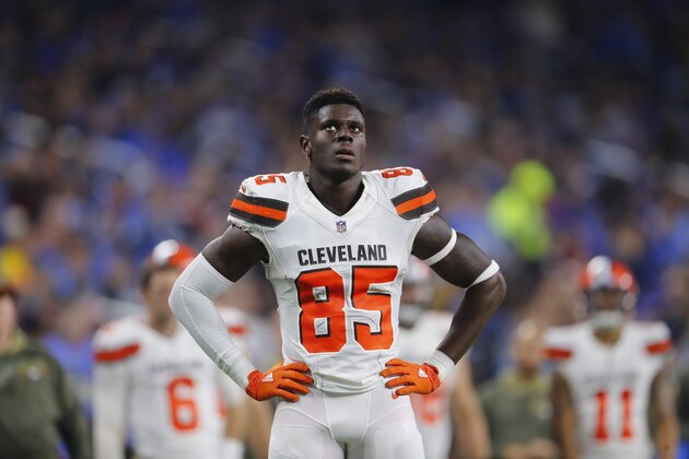 Cleveland Browns tight end David Njoku (85) watches a replay against the Detroit Lions during an NFL football game in Detroit, Sunday, Nov. 12, 2017. (AP Photo/Paul Sancya)
